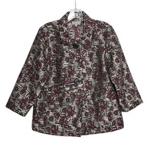 Analoggy Women's Burgundy Floral Print Blazer Jacket Size L 34 Sleeve